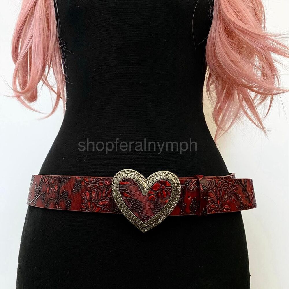 Red Floral Embossed Heart Buckle Western Y2K Belt, Fits 33-43 Inches, X7GA1288